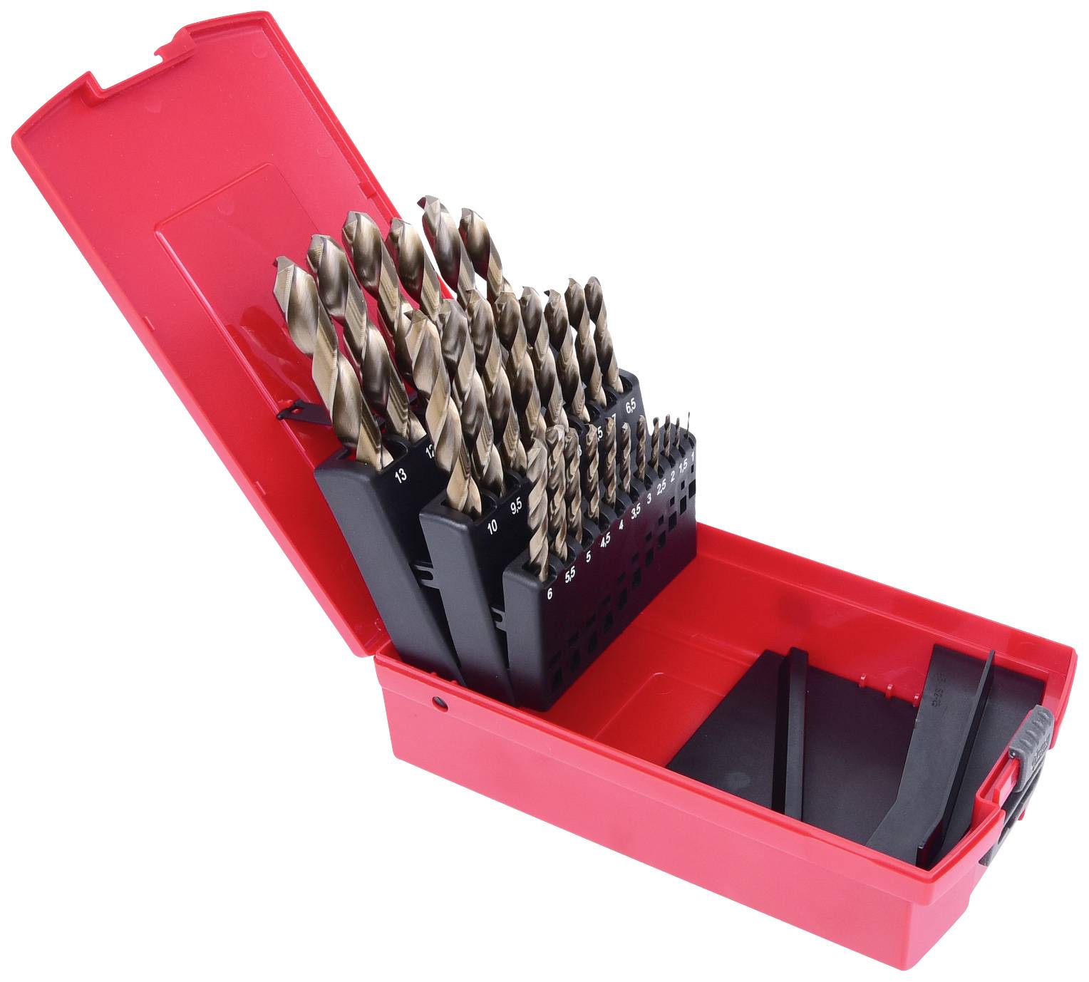 A red case with various drill bit sizes in an organised holder, opened and ready for use.