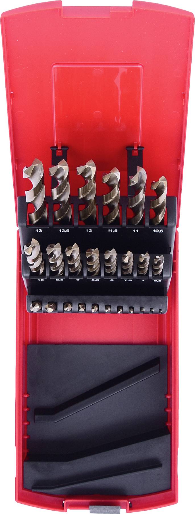 An open red toolbox with several twist drills of various sizes, neatly arranged in rows. Utensil for metalworking, woodworking, and plastics processing.