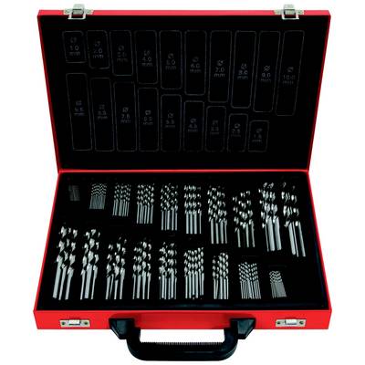 An open red toolbox displays various drill bits in orderly rows, sorted by size, ranging from 1 mm to 10 mm.