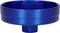A blue, round metal container with a raised rim. At the bottom, there is a short cylindrical stand.