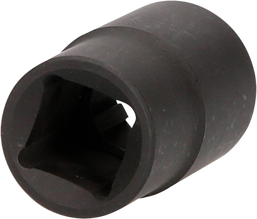 A black socket with a square opening, suitable for spanners or ratchets, for use in mechanical work.