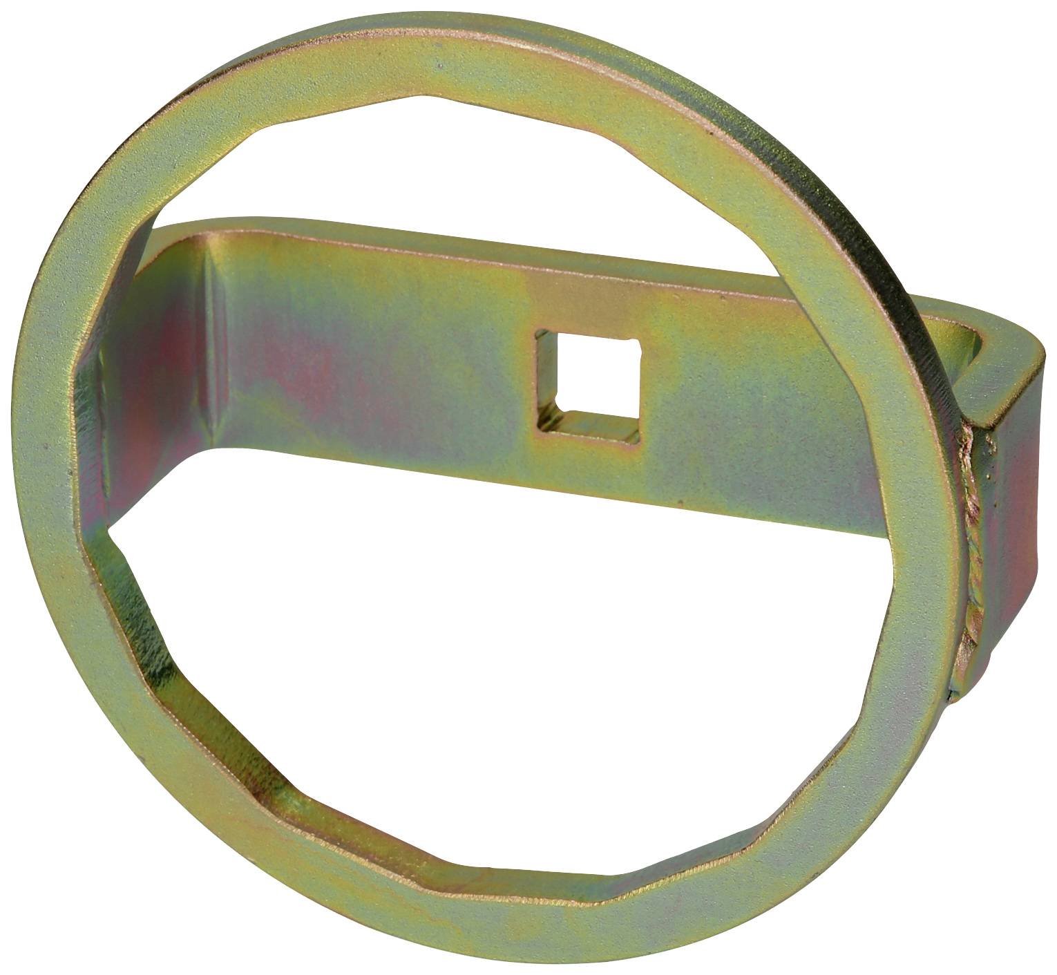 A round metal key with an octagonal end and a square opening. It is used for maintaining vehicle components.