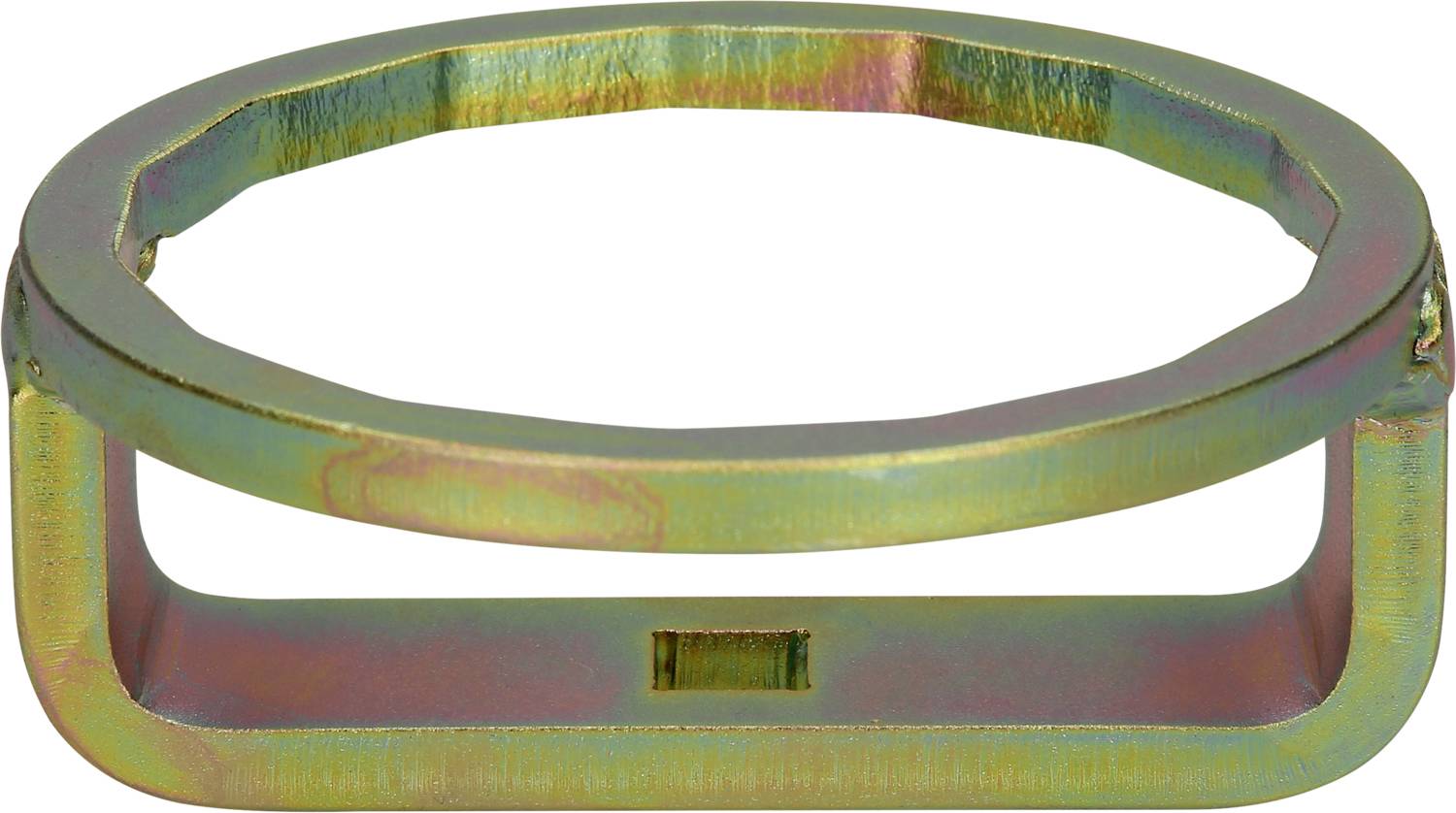 'Metal clip with rectangular opening, iridescent surface. Used for fixing or fastening in mechanical applications.'<br><br>Note: The translation is in British English, maintaining the original meaning and technical terminology.