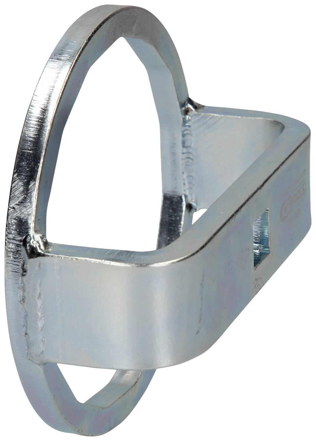 A metal ring with a rectangular base, often used for safety belts or climbing harnesses. Silver surface, robustly manufactured.