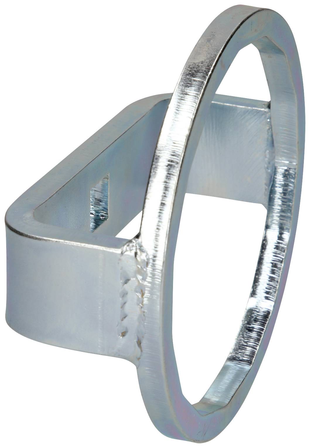The image depicts a metal piece with a circular frame and a rectangular mounting element, likely a component for mechanical applications.