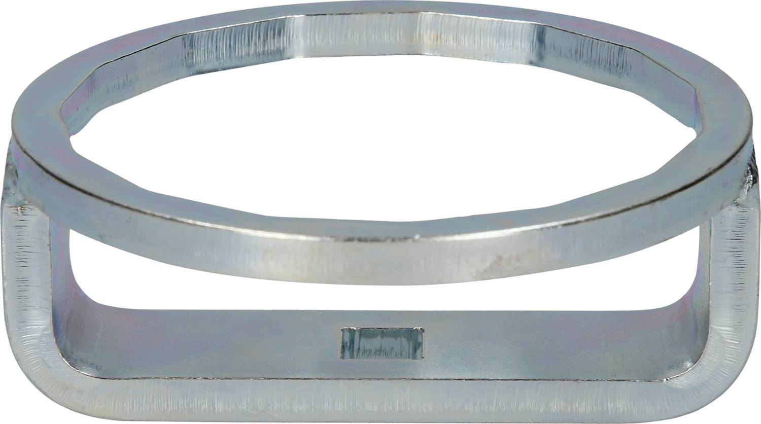 Metal ring, oval in shape, with a rectangular opening in the centre. Function could be a connection or mounting point.