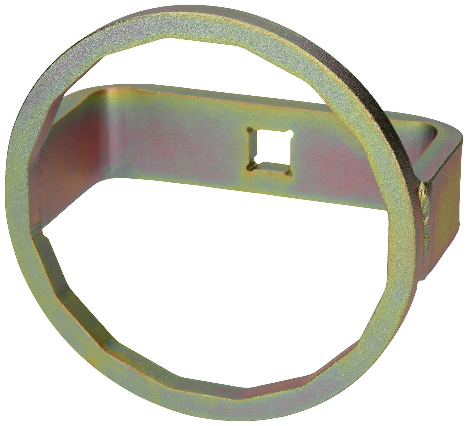A metallic specialist key in the shape of a ring with a rectangular opening on one side, possibly intended for automotive repairs.