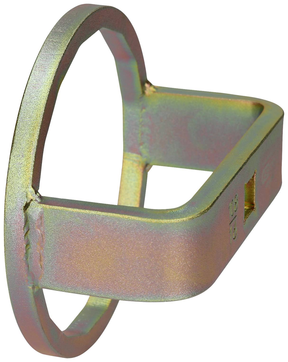 The image depicts a metallic, rectangular tool with rounded corners and an open side. It has a golden, shimmering surface.