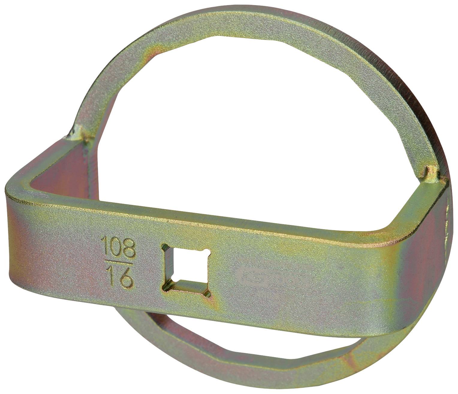 A metal tool with a circular frame and rectangular opening, likely designed for specific technical applications.