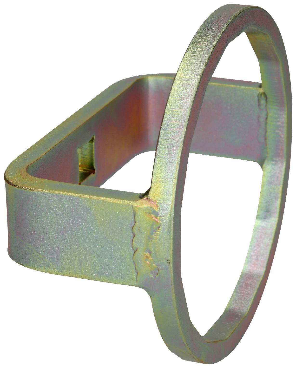 An oval metal ring with a rectangular side section, which is open at the base, presumably a technical component.