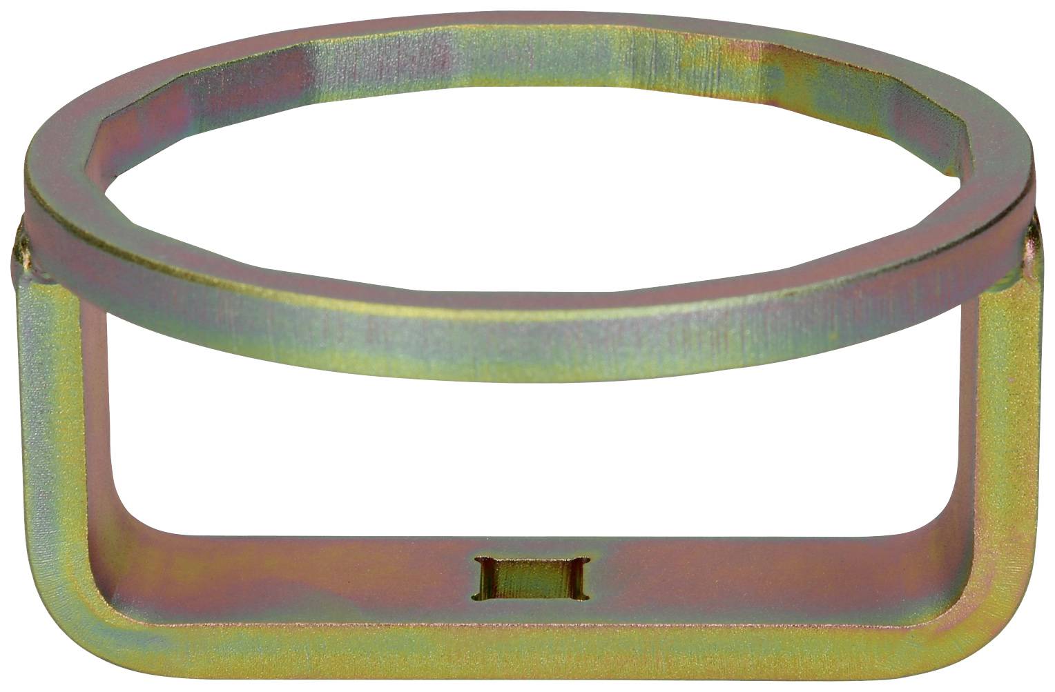 A metal rectangular ring with rounded corners and a rainbow coating, likely a fastening or connecting element.