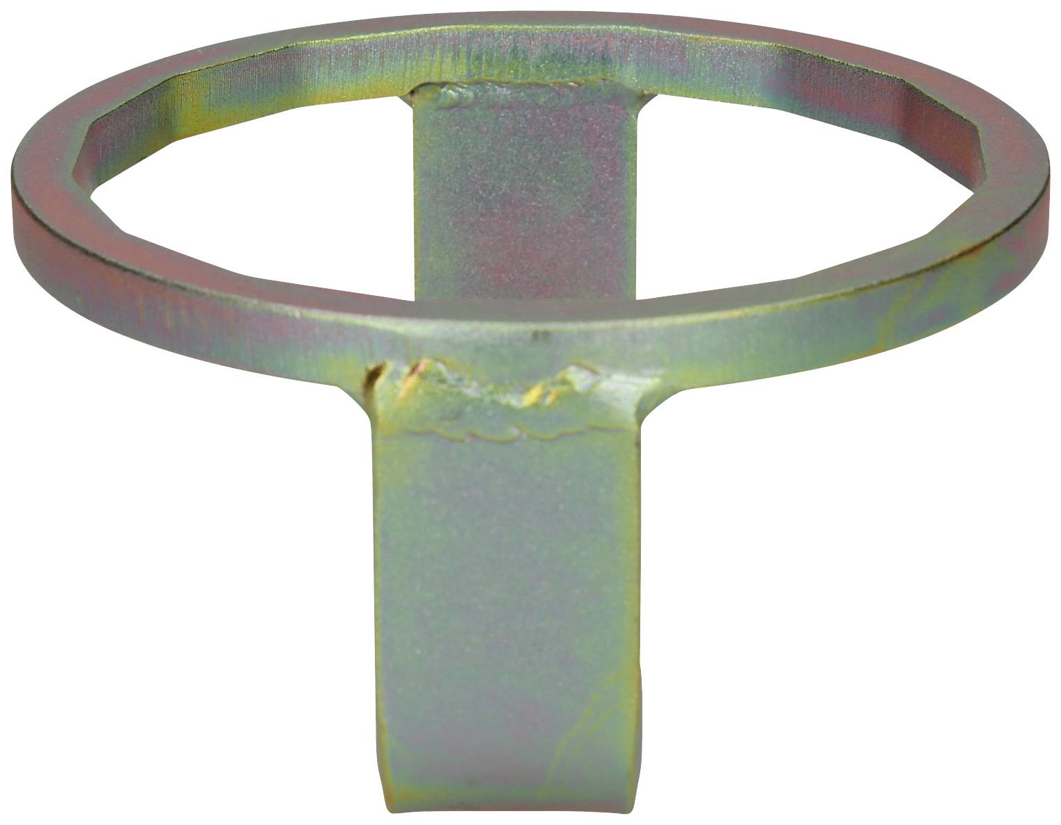 A metal tool with a circular ring and flat base, potentially for industrial or craft applications.