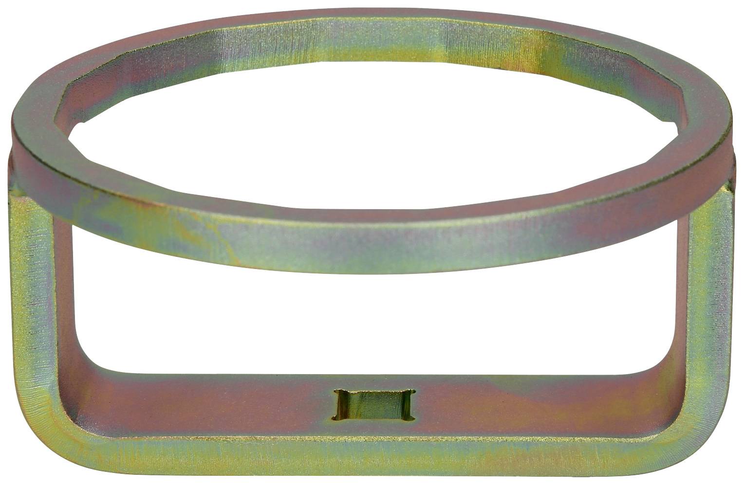 A metallic oval ring with a rectangular base in iridescent rainbow colours.