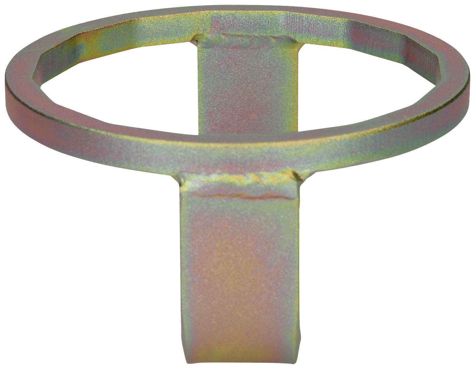 A metallic iridescent ring with a vertical mounting in the centre.