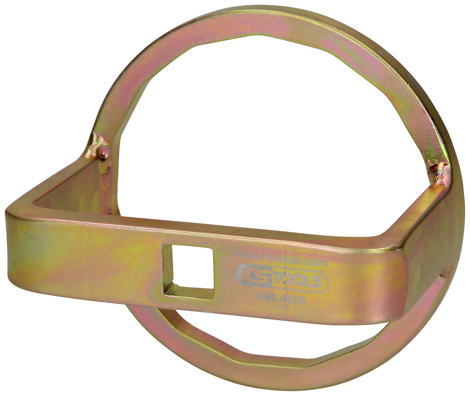 A golden metal ring with a rectangular mounting and a square aperture, used for technical tool or machine component.