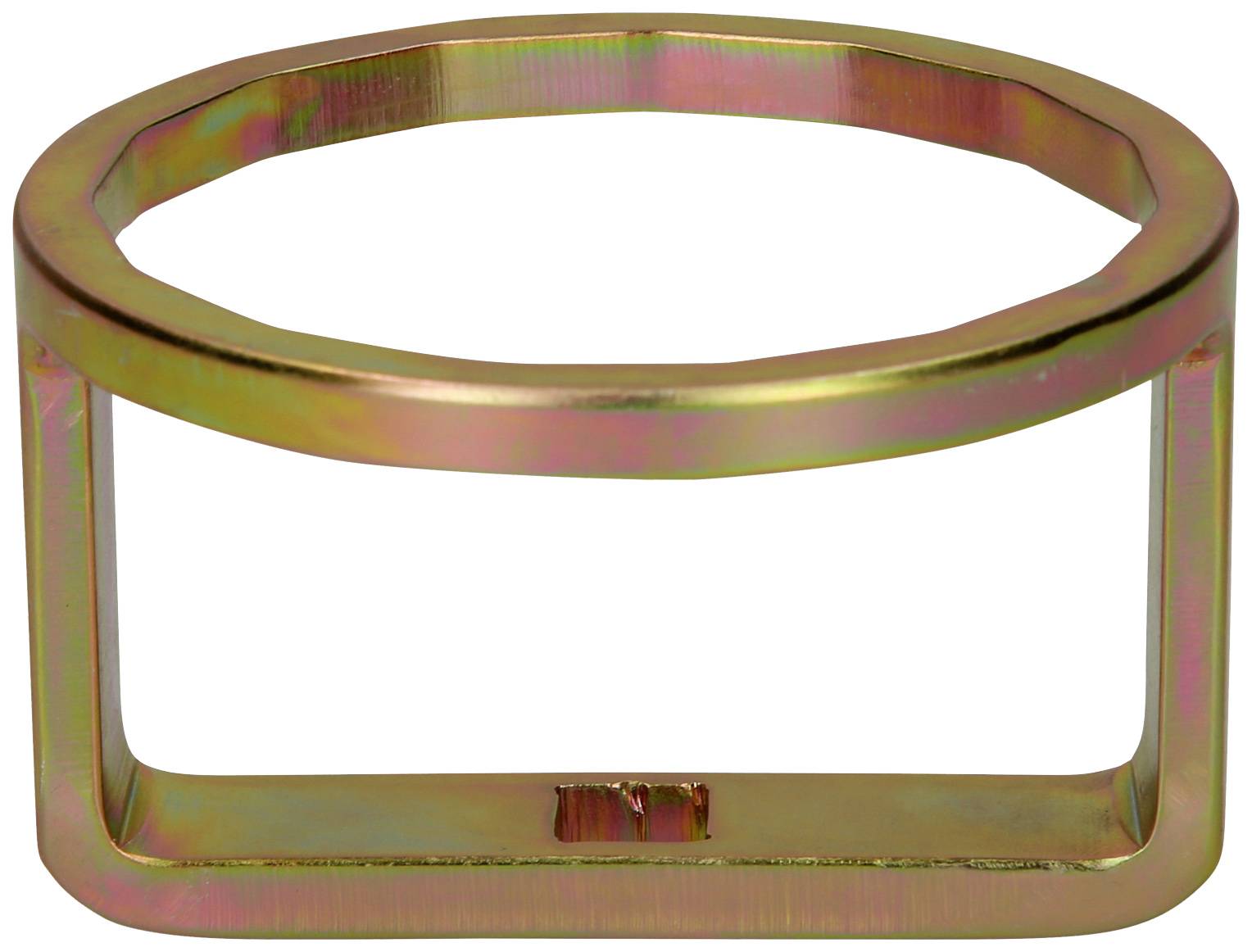 A gold-coloured, rectangular metal ring with an irregular shape and shiny surface, shown on a white background.