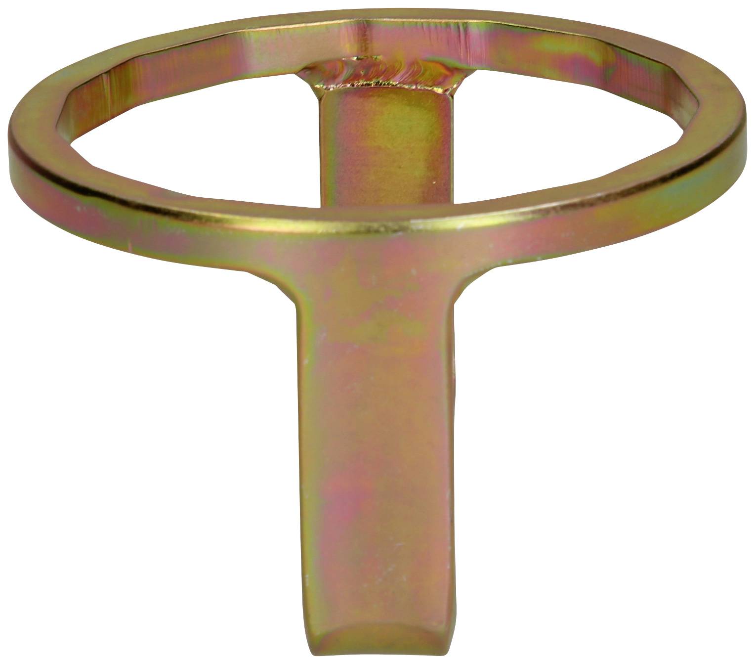 A gold-coloured metal tool with a round handle and a flat, wide end. Possibly used for opening or turning.