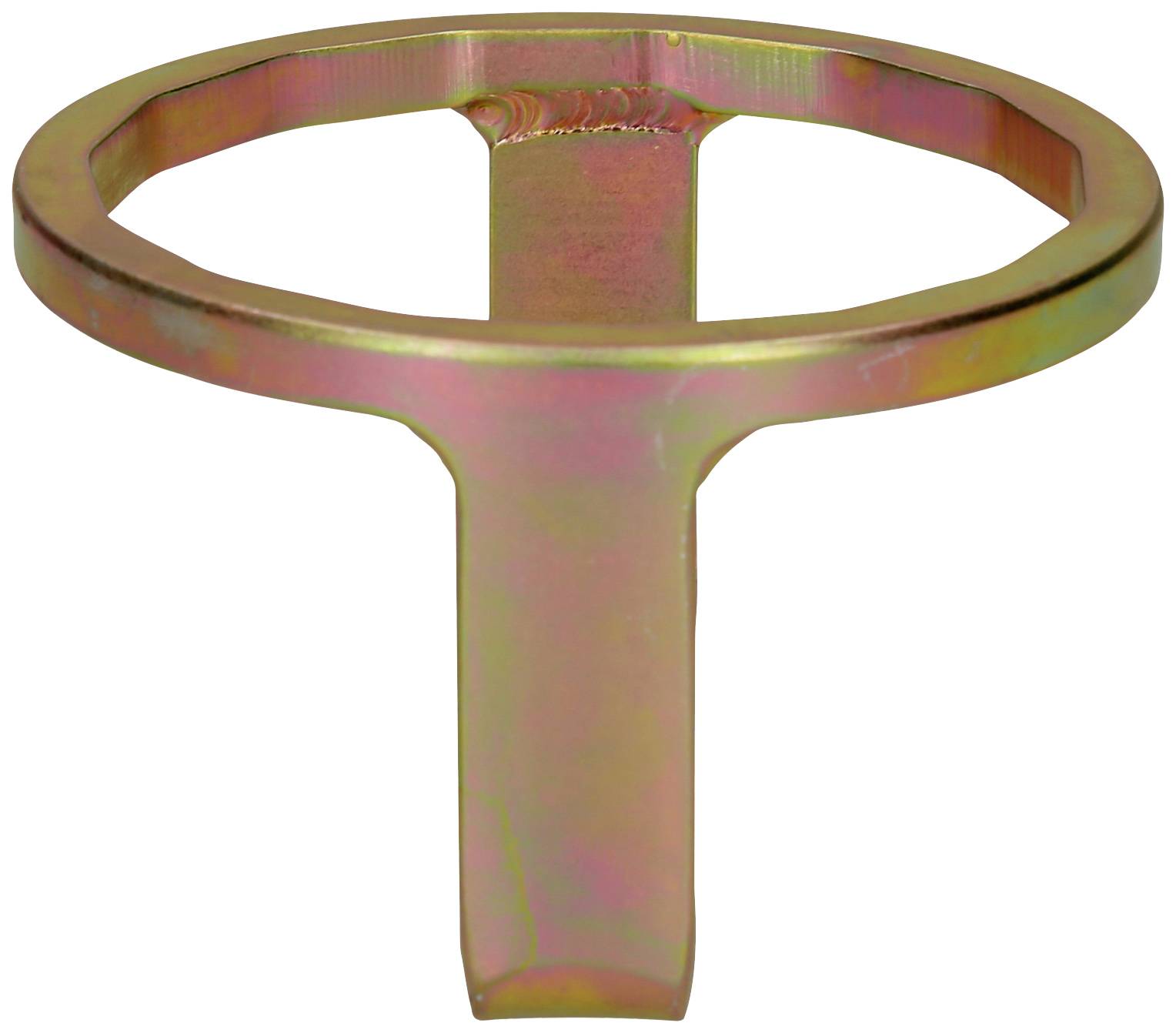 A round metal lever with a hexagonal opening, possibly a tool for operating valves or covers.