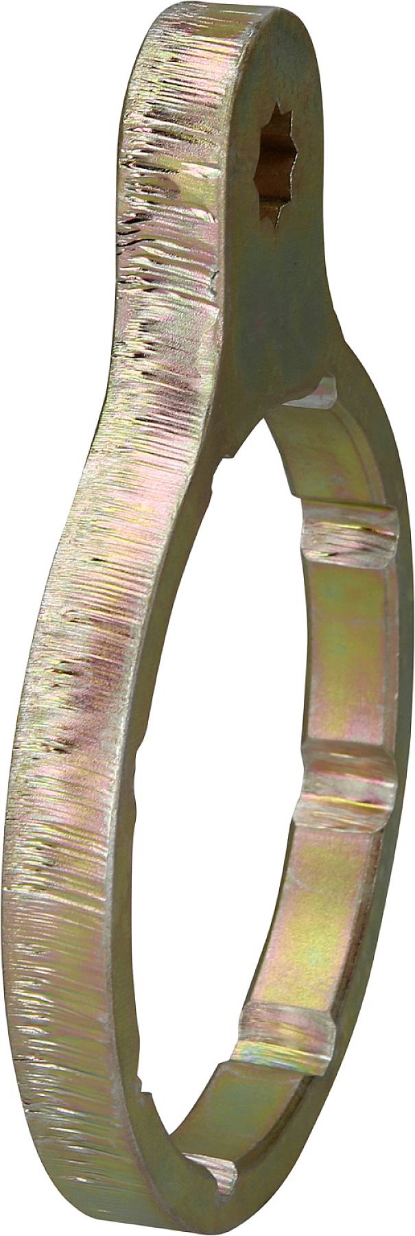 Metal ring with an uneven surface and multiple notches, potentially part of a mechanical or industrial tool.