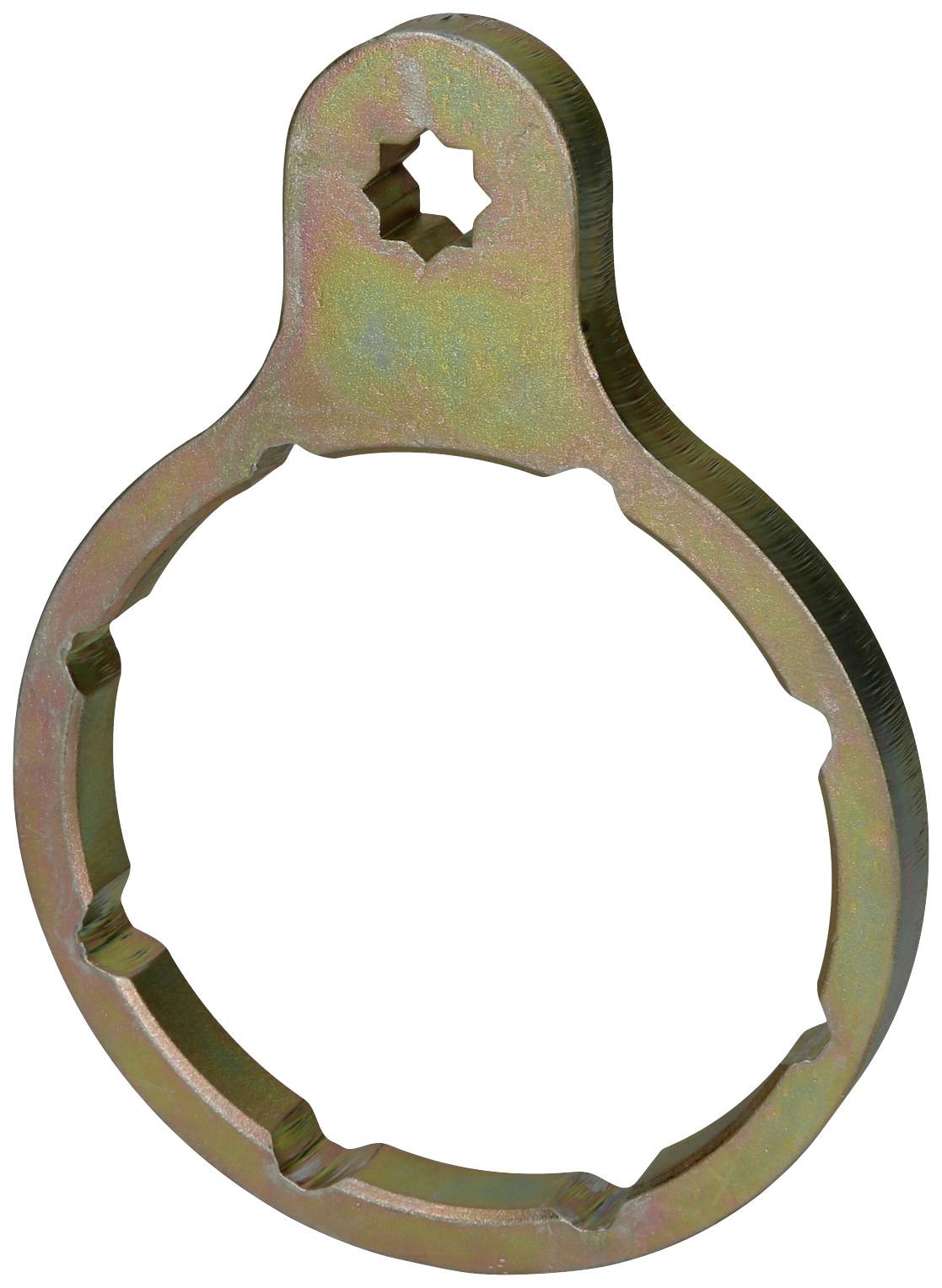 Metal key with a star-shaped opening at the top and serrated edge at the bottom, used for gripping and turning screws with special heads.