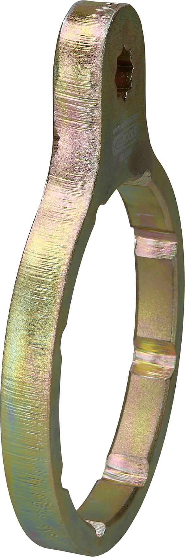 Metal key ring with an oval shape and ribbed surface.