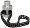 Metallic chain key wrapped around a silver cylindrical adapter. Tool for pipe processing.