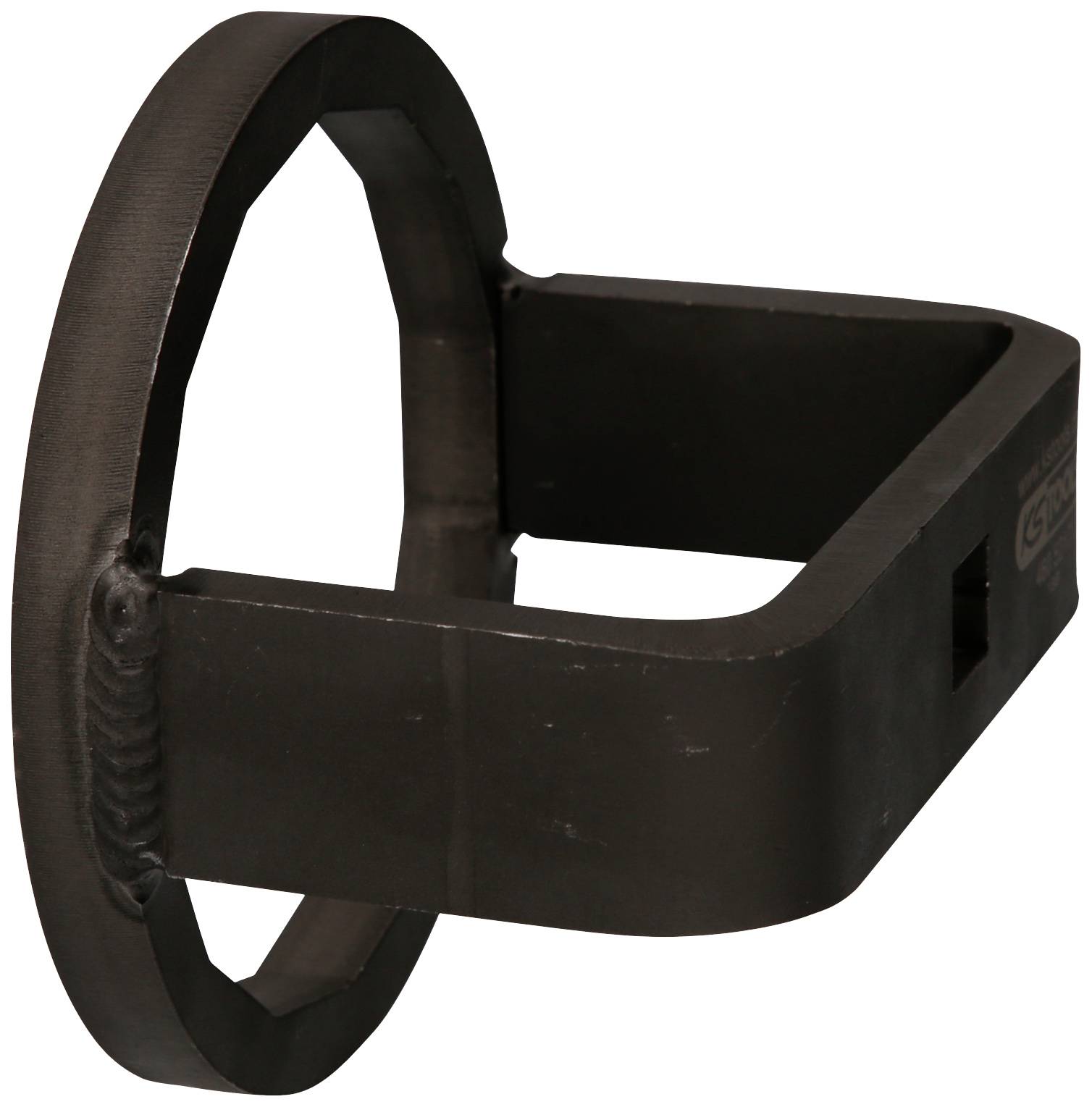 Metallic adaptor for agricultural machinery, comprising a circular mounting bracket and rectangular extension.