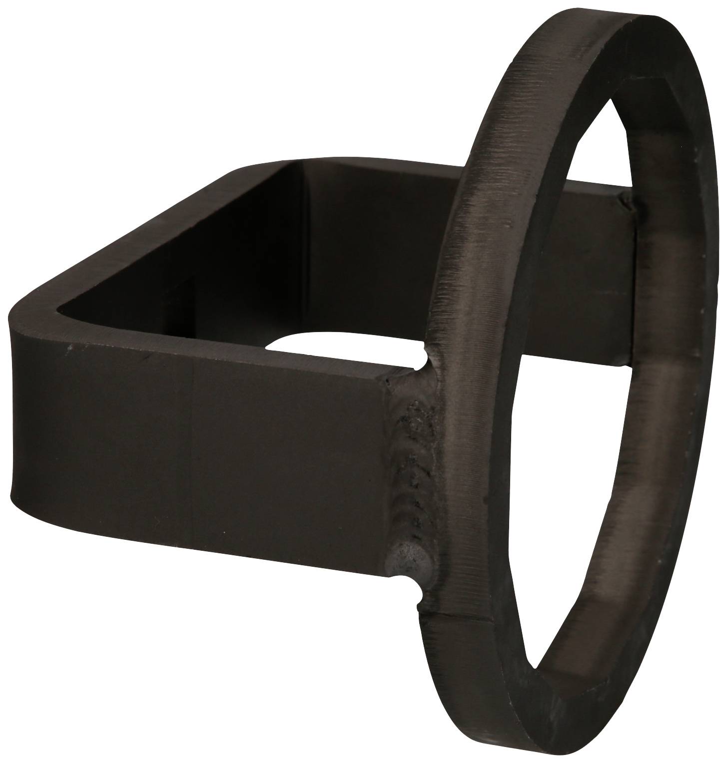 A rectangular, dark brown metal bracket, curved into an oval shape on one side.