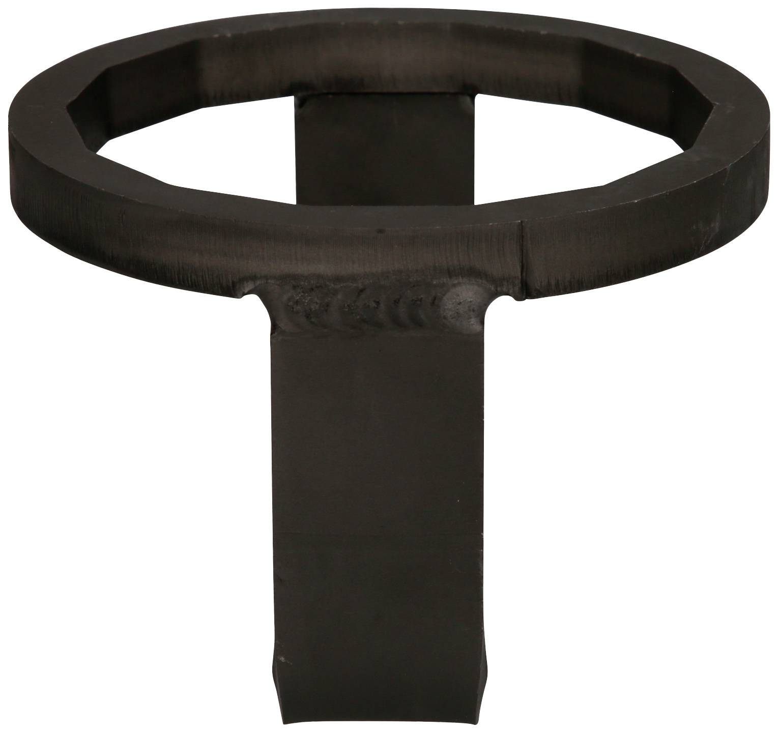 Metallic, black ring with a long, flat bar underneath, potentially part of a tool or mechanical component.