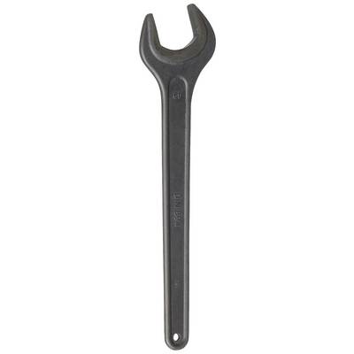 A single black spanner with an open jaw opening lies isolated on a white background.