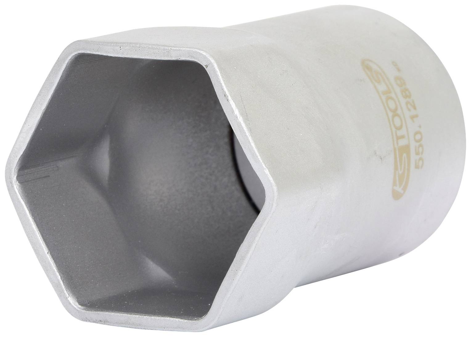 Hexagonal socket insert, silver, with size marking and brand logo. Suitable for use on nuts and bolts.