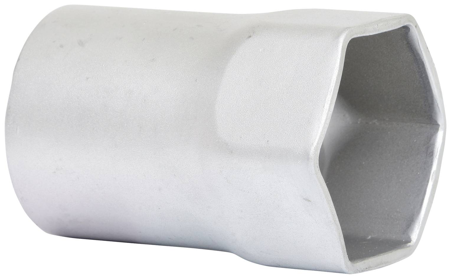 A silver six-sided metal hex key attachment, slightly angled, shows the opening for screws or nuts.