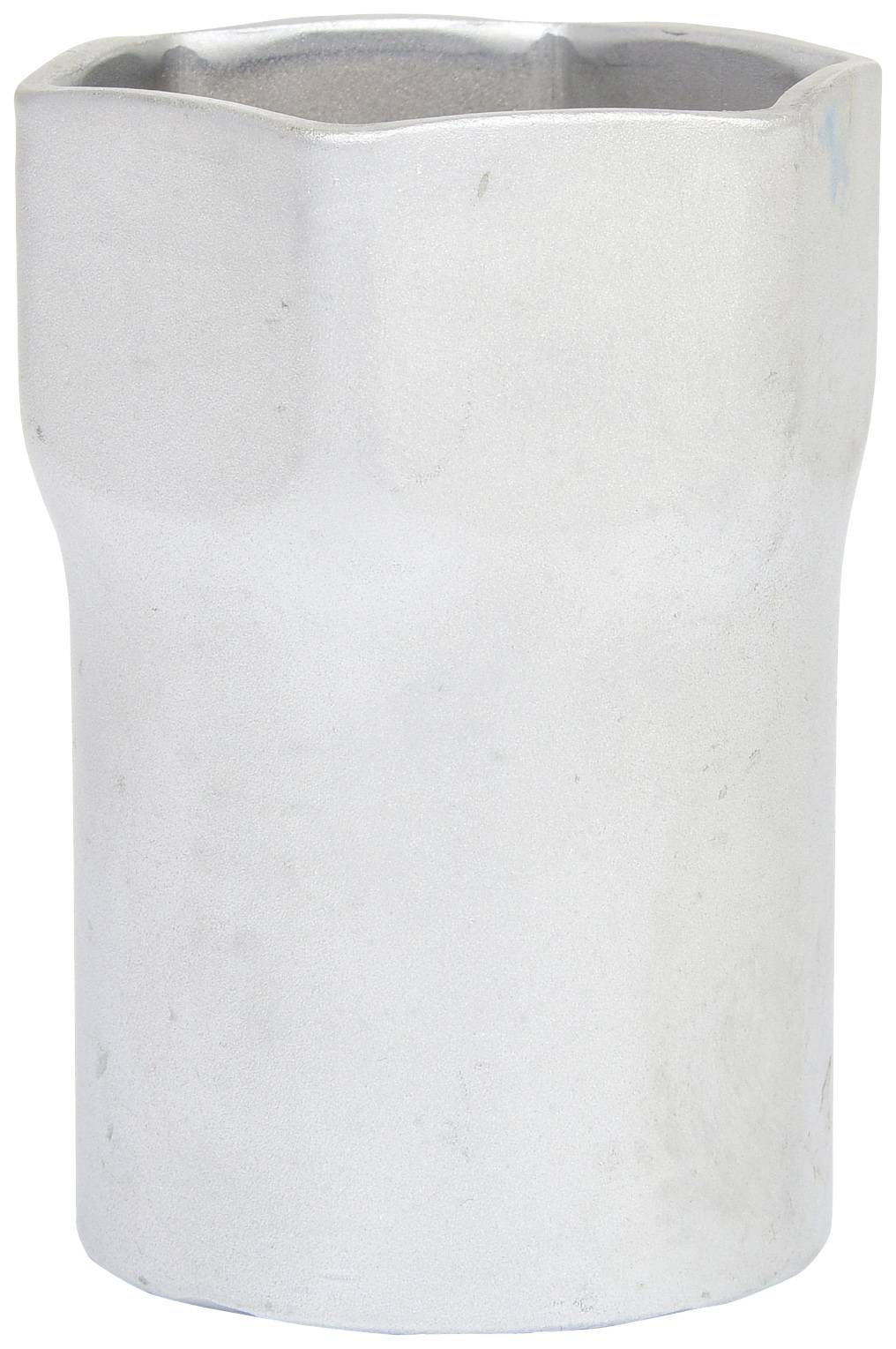 A silver metal cup with a smooth surface and slightly wavy rim.