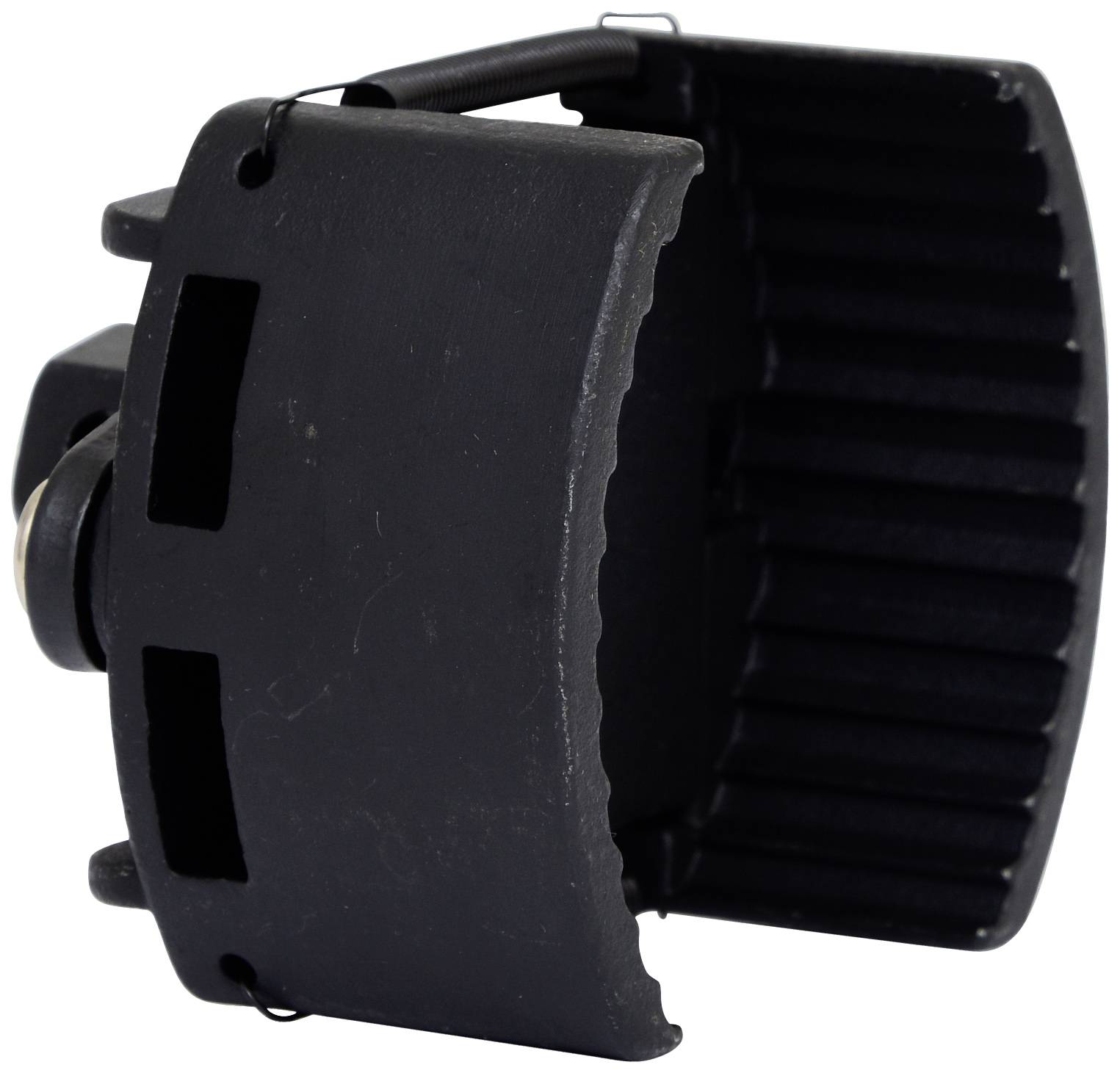 Black, toothed plastic tool with a circular opening, likely used for gripping or securing cylindrical objects.