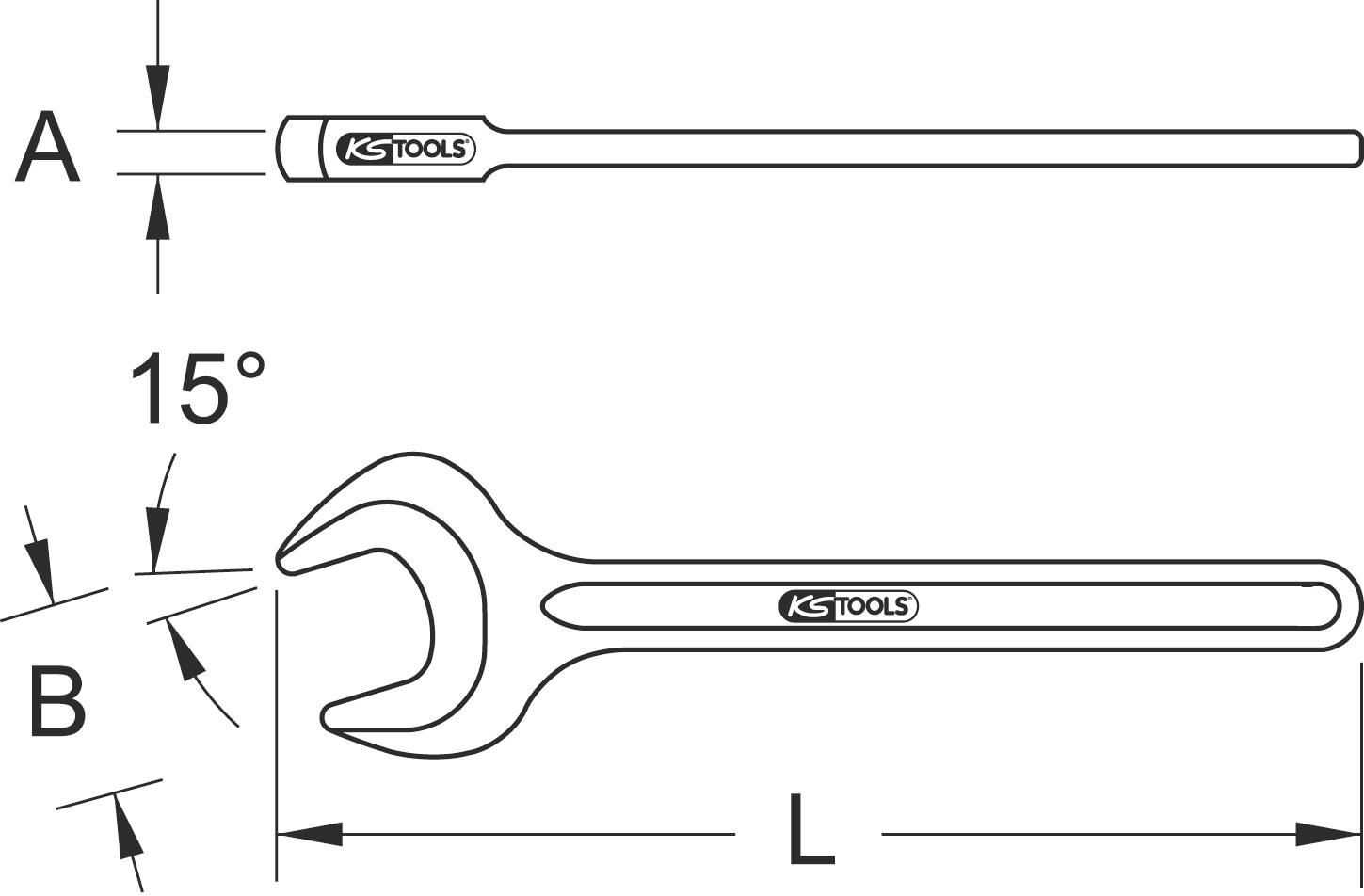 'Illustration of a jaw spanner from KS Tools, with an angled gradient of 15 degrees. Dimensions A, B and L are marked.'
