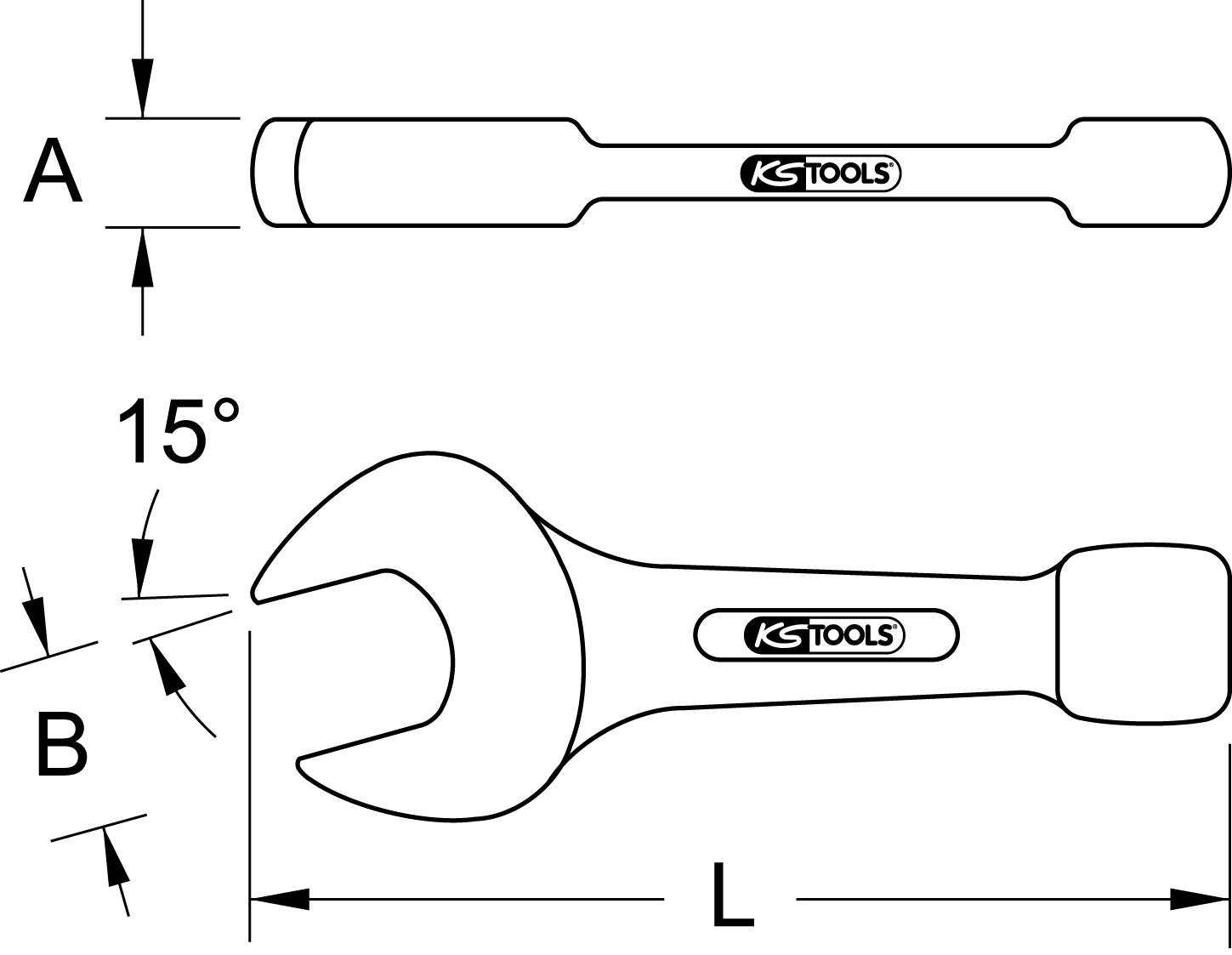 Diagram of a spanner with dimensions A, B and L. The spanner is angled at 15°. Marked with 'KS TOOLS'.