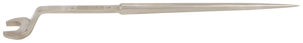 A silver tool with a tapered end and curved hook, often used for stretching heels on shoes.