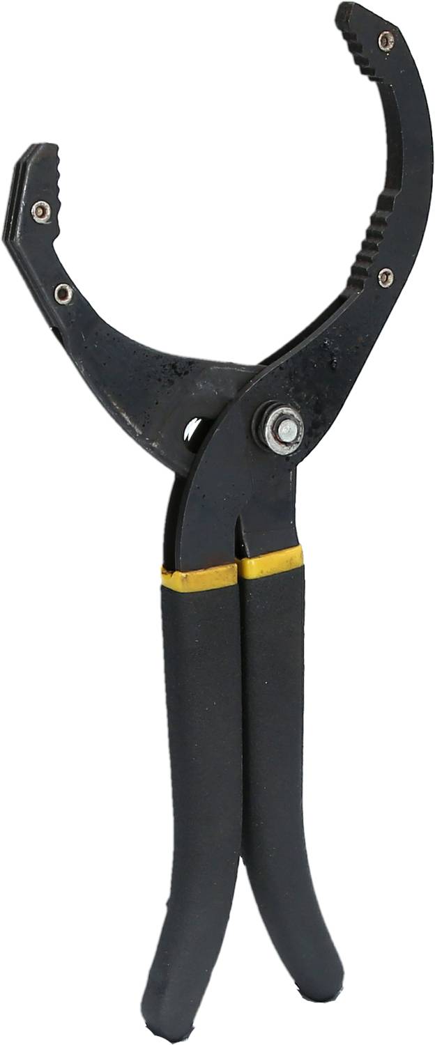 A black oil filter pliers with robust handles and serrated jaws for removing or tightening oil filters on vehicles.