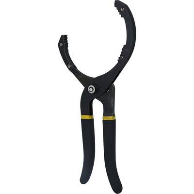 Black oil filter wrench with non-slip grip and curved jaw, suitable for removing oil filters in vehicles.