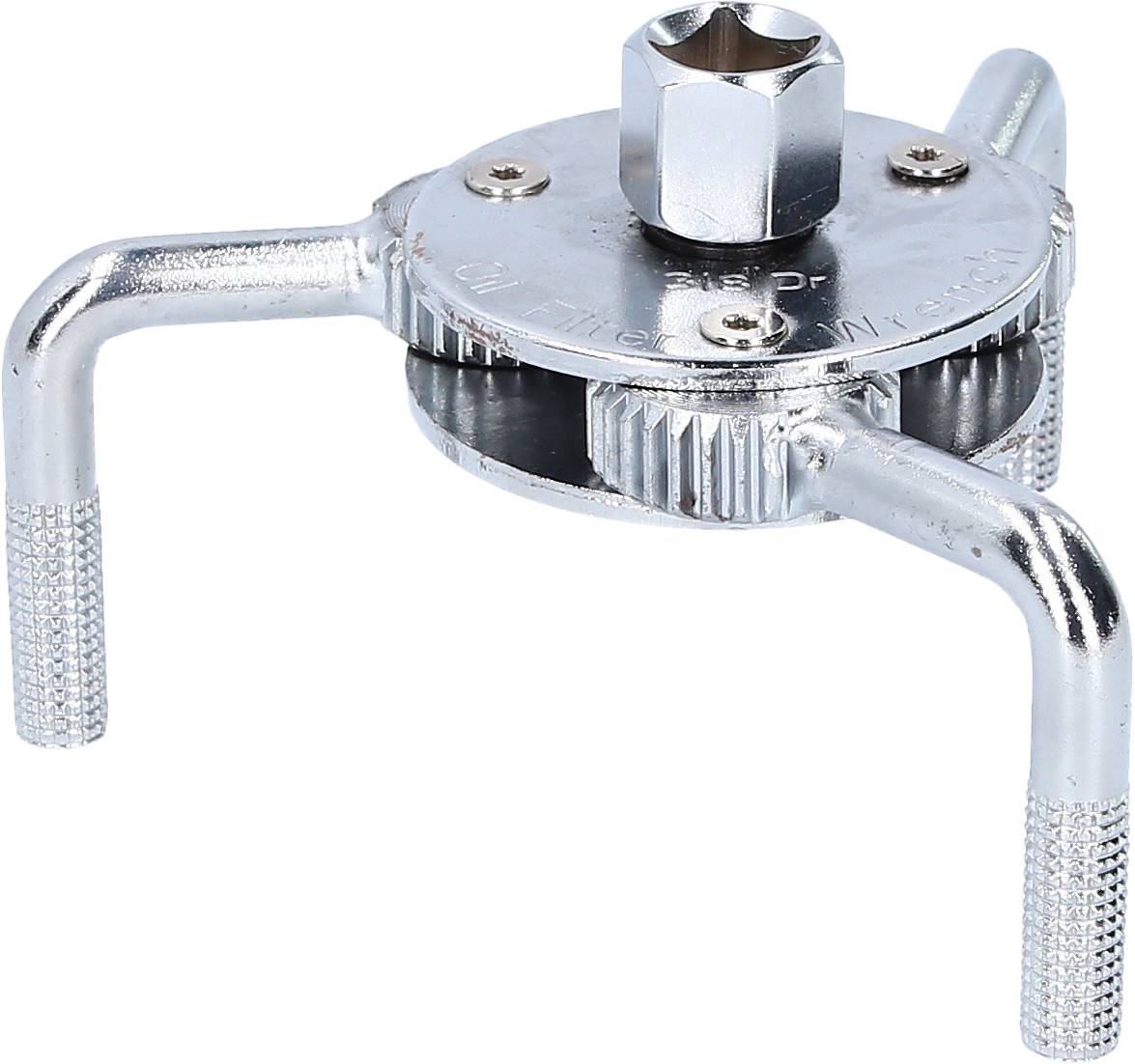 Oil filter wrench with three adjustable arms for various filter sizes. Silver metal, sturdy, suitable for automotive maintenance work.