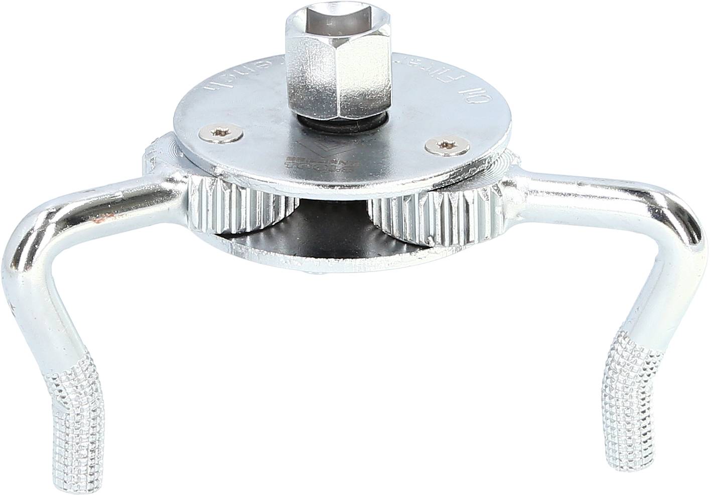 Metallic oil filter wrench with adjustable arms and knurled grip, suitable for removing automotive oil filters.