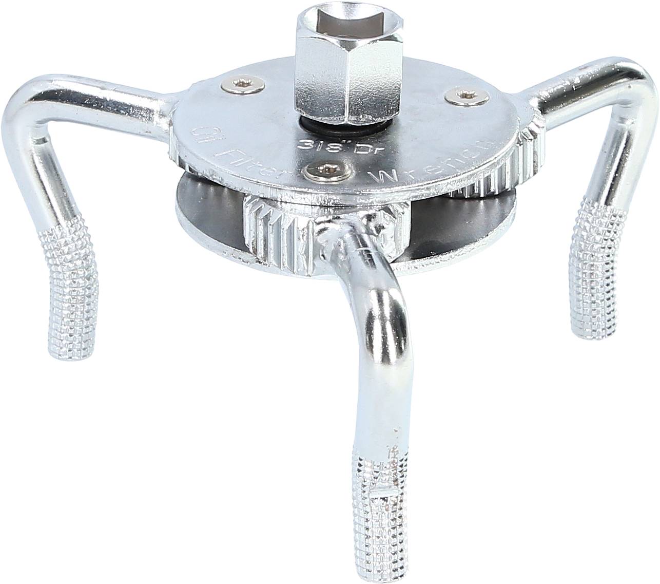 A adjustable metal oil filter wrench with three gripping arms, suitable for removing oil filters in various sizes.