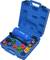 Tool case with various coloured, round adapters and a blue air pump, for topping up coolant in a vehicle.