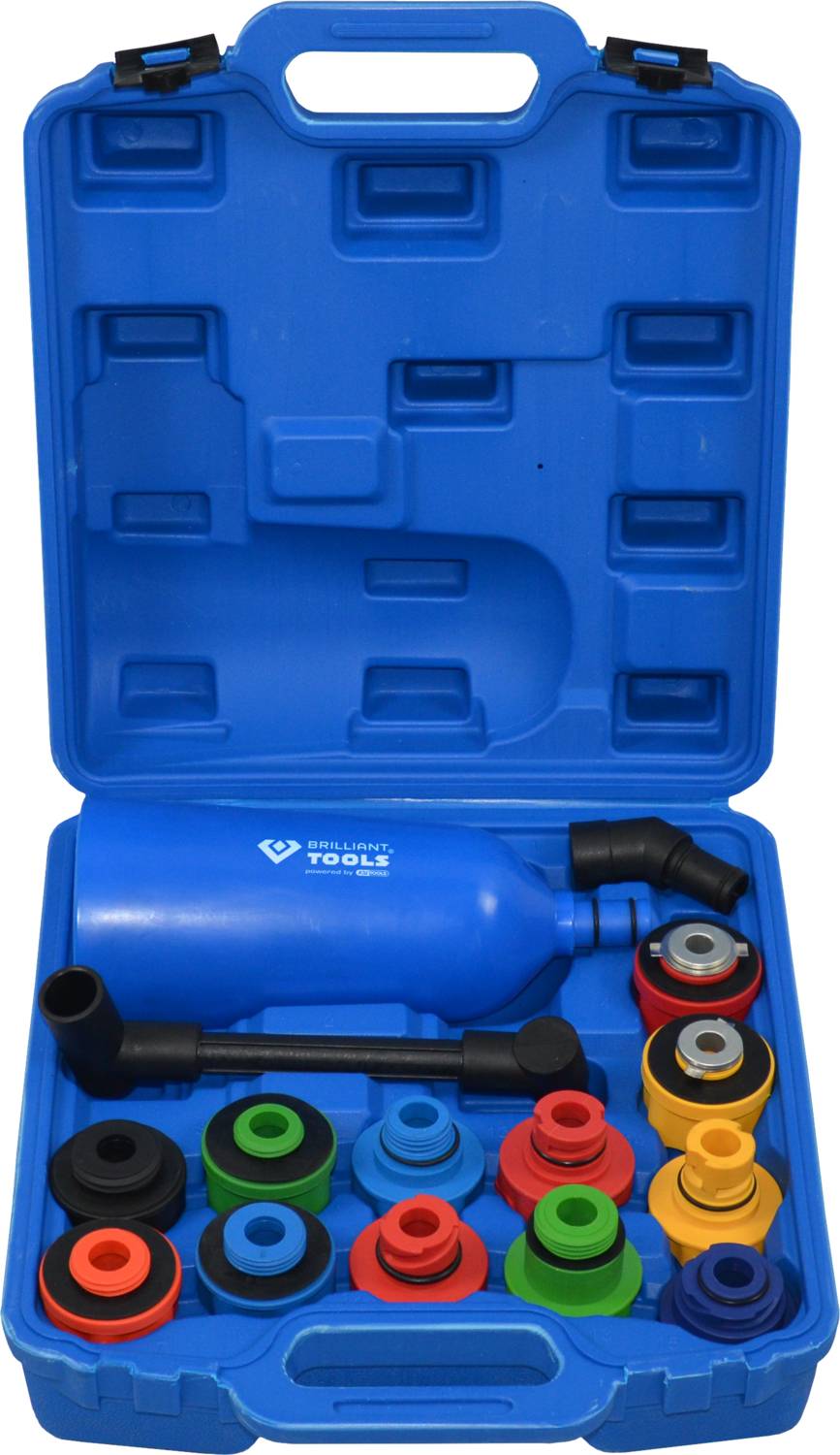 A blue tool case with twelve coloured attachments and a blue bottle. The attachments are sorted in multiple colours.