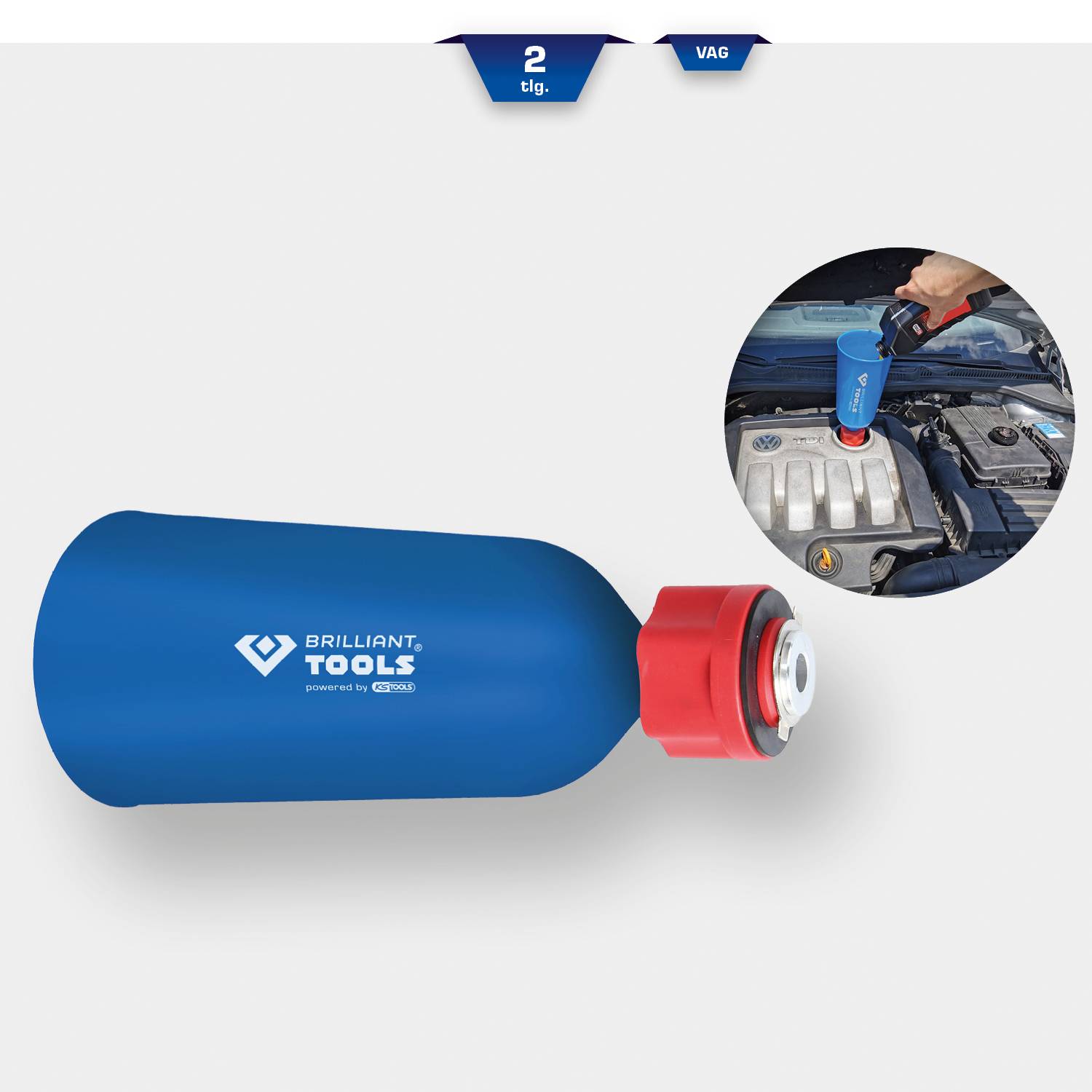 Blue oil filter adapter by Brilliant Tools next to an illustration of the tool in use on an engine.