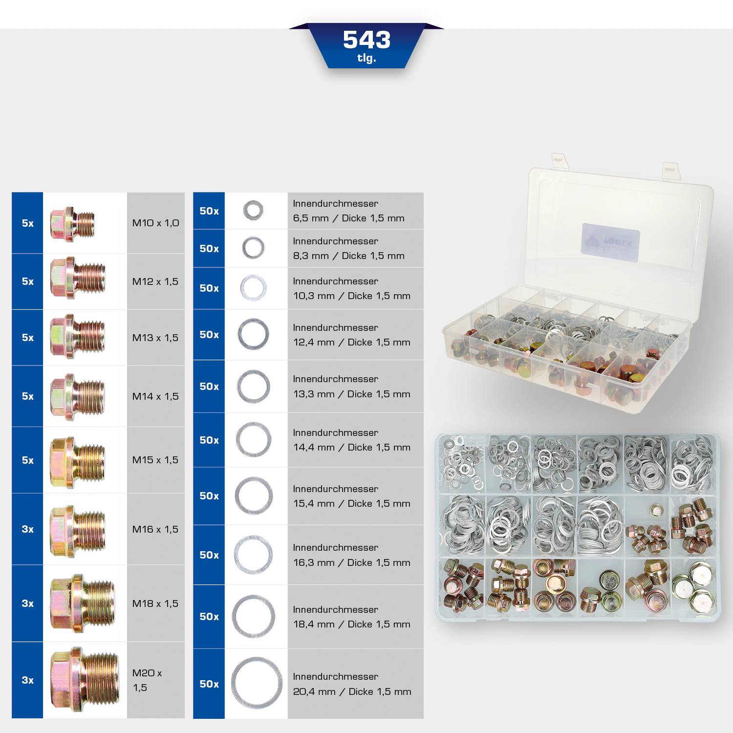 'Sealing kit with 543 pieces, including rubber seals and screw connections in various sizes. Transparent storage case.'