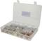 Plastic storage box with a transparent lid, containing various metal discs and screws in compartmentalised sections.