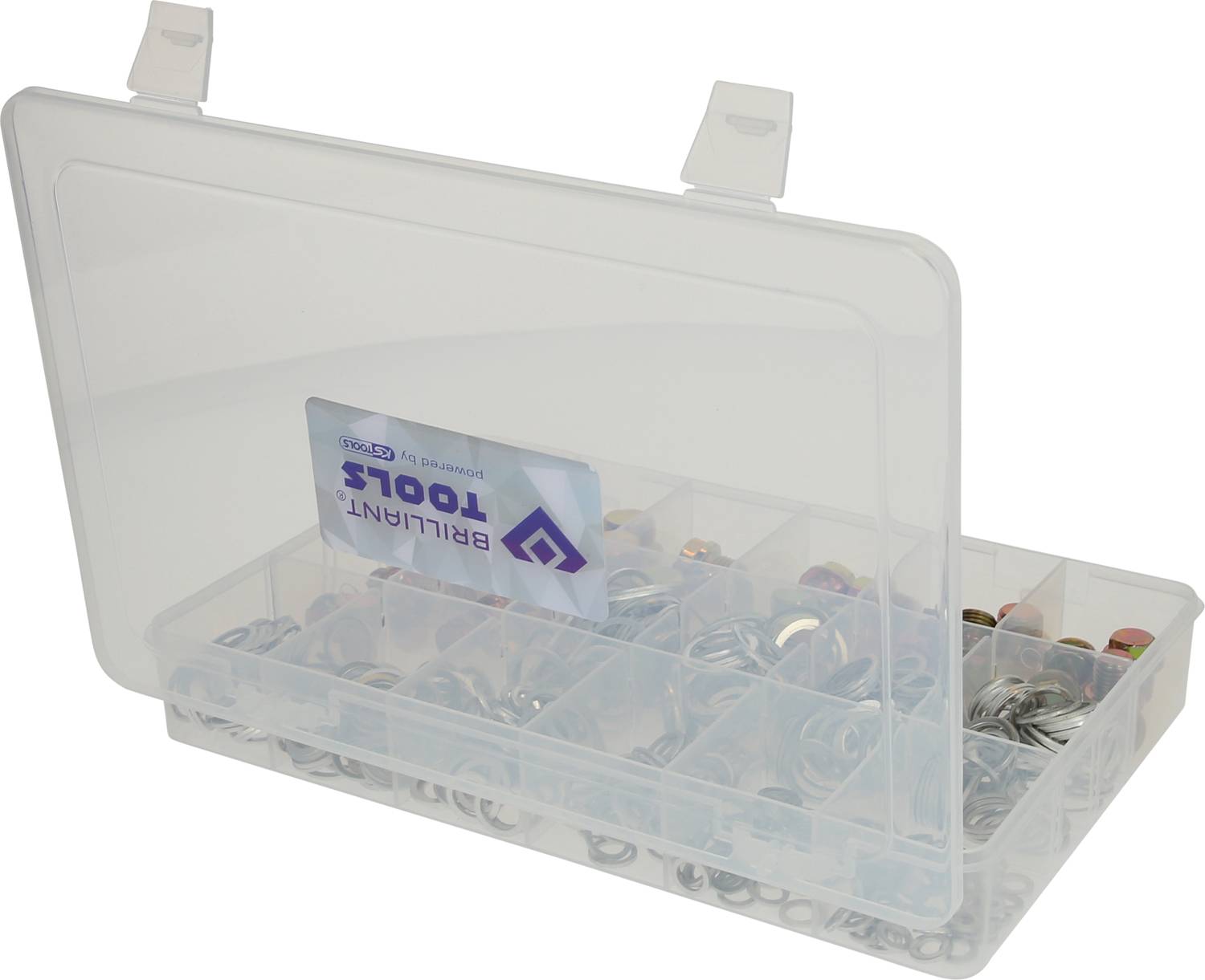 Transparent plastic box with compartments, filled with various metal rings and small tool components. Lid slightly open.