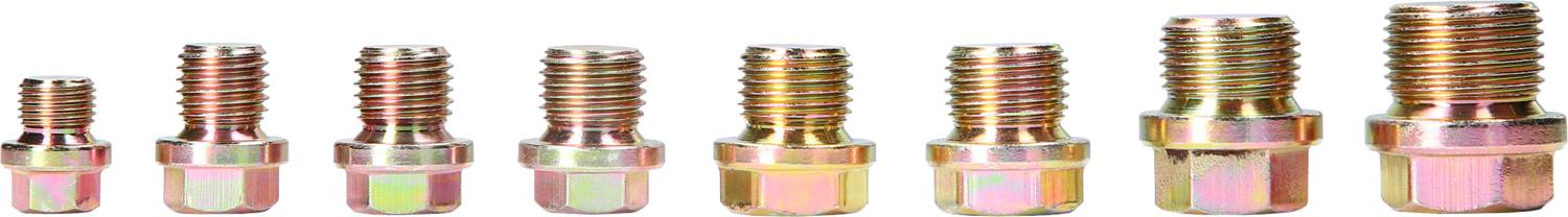 Eight different-sized hexagonal-headed screws arranged in a row from small to large.