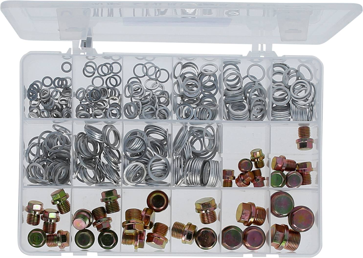 An open plastic box with multiple compartments, filled with various types of seals and screws.